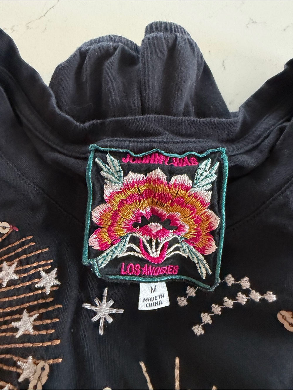 Women’s Johnny Was Black Long-Sleeve Top with Sun & Moon Embroidery. - Picture 3 of 3